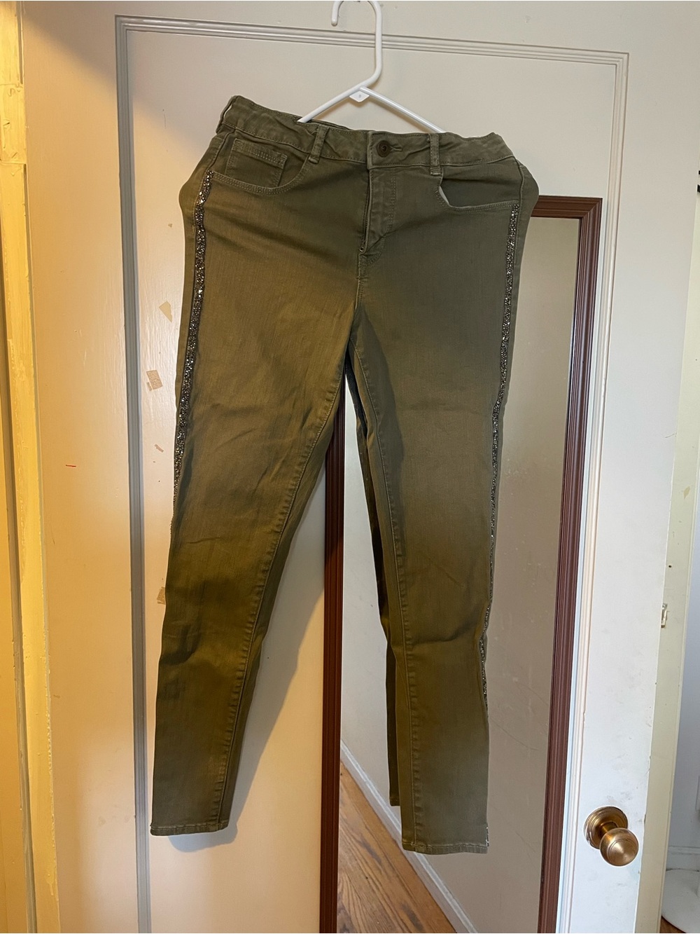 Olive Green Skinny Jeans with Side Sequin Trim